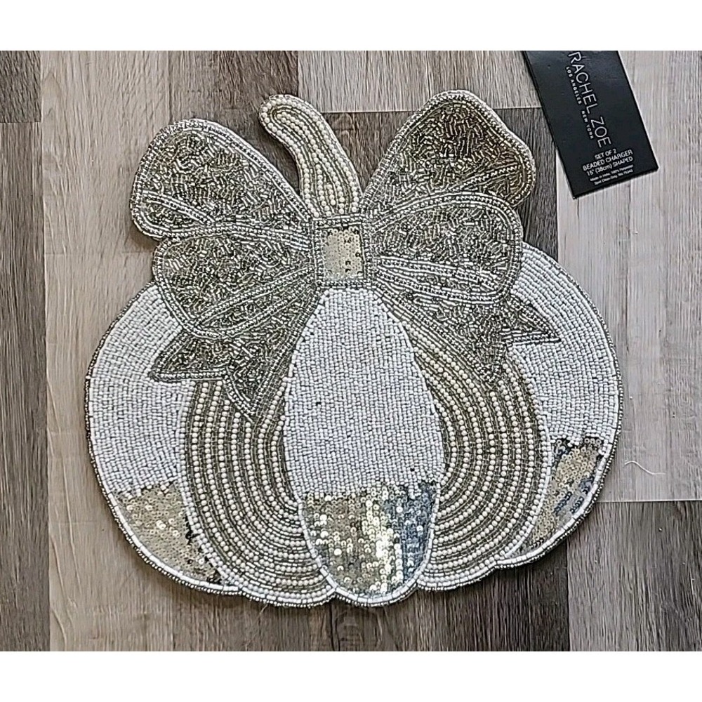 Rachel Zoe Beaded Pumpkin Placemats Chargers Fall Thanksgiving 2 Pc 15" Bows